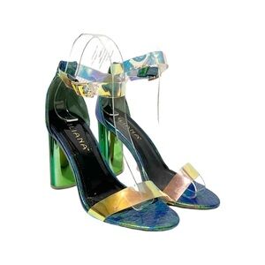 Liliana iridescent strappy block heels with a faux snake footbed women size 6